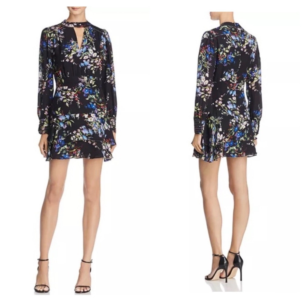 Parker Boboli Silk Floral Mini Dress Womens 12 Black Boho Ruffle Beaded Trim